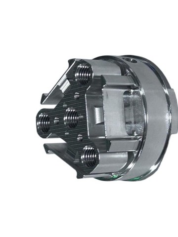 Precision aluminum rotary coupling showing cylindrical base, multi-lobe structure, threaded holes, and mirror bright surface finish