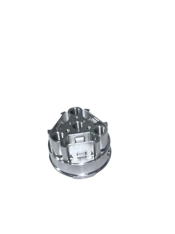 5-axis CNC machining of an aluminum rotary coupling on a Mazak VARIAXIS C-600, showing single-setup completion of cylindrical base, lobes, and threads