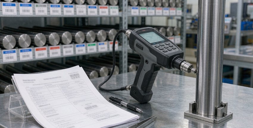 Mill certificates and alloy verification at goods-in. Traceability to the heat number starts before the first cut.