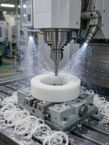 Machining a white PEEK insulator ring on a CNC machining center with air-blast chip evacuation