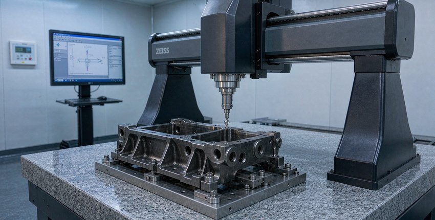 CMM verification of critical features on a titanium bracket. Inspection time is part of the tolerance conversation.