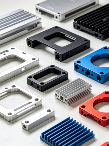 Anodized CNC machined aluminum parts in black, red, blue, and natural finishes laid out on an inspection table