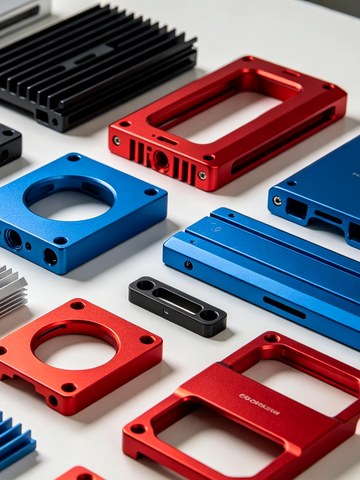 Close up of anodized aluminum heat sinks and brackets showing uniform color and edge coverage