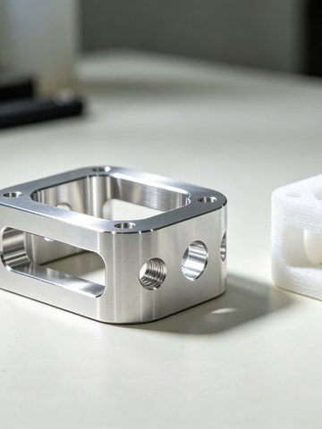 A machined aluminum part and a white 3D printed prototype of the same design side by side