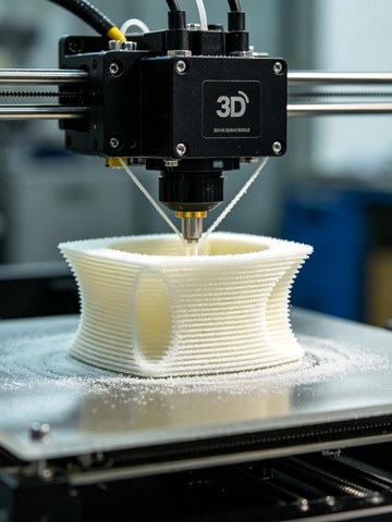 Fused deposition modeling 3D printer building a white lattice part layer by layer