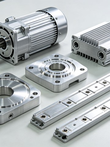 CNC machined aluminum housings, cooling plates, and mounting brackets for new energy systems on an inspection table
