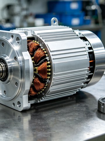 Disassembled electric drive motor showing machined aluminum housing and end covers in a workshop