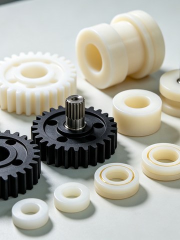 CNC machined PEEK, POM, and PTFE plastic gears, bushings, and washers on an inspection table