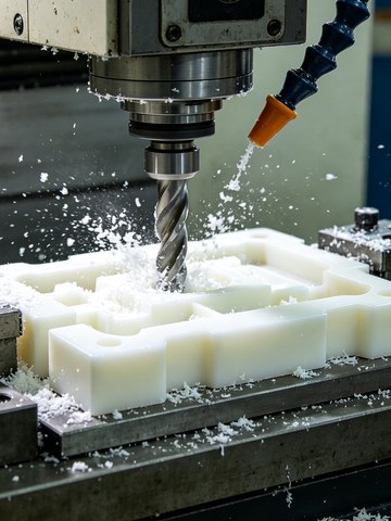 Milling cutter machining a white engineering plastic block with controlled chip evacuation