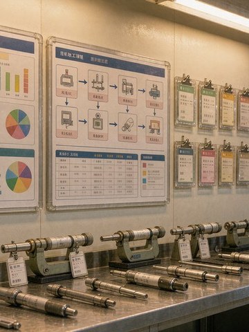 Quality management corner on the KGL shop floor: process boards and calibrated measuring instruments.