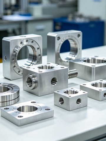 Machined aluminum flanges, frames, and housing parts for semiconductor equipment on an inspection bench