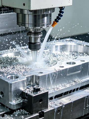 CNC machining center milling an aluminum semiconductor component under flood coolant