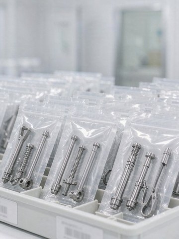 Medical components sealed and trayed before release under the ISO 13485 system.