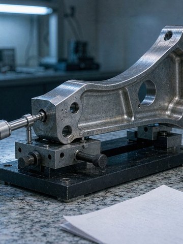 First article inspection of a titanium aerospace bracket on a granite table.