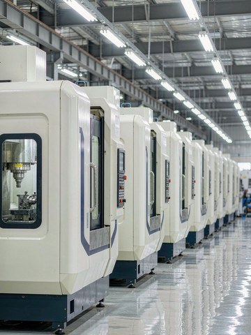 Rows of CNC machines with bar feeders on a clean factory floor