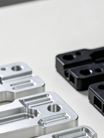 Anodized aluminum machined brackets in black and clear finishes arranged on a bench