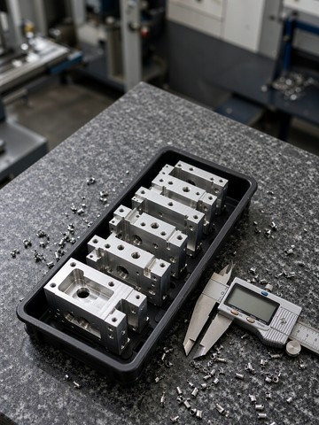 Tray of identical machined aluminum housings on a granite surface plate next to a digital caliper