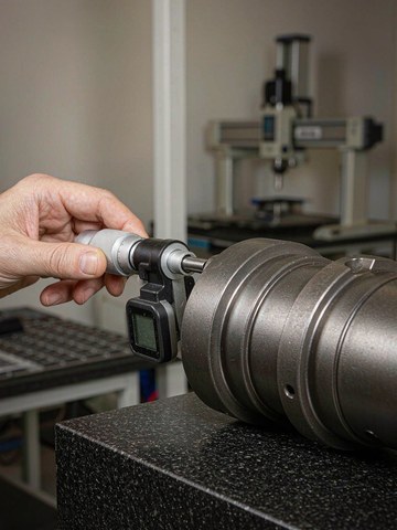 Digital micrometer check on a sample part from a CNC machining supplier, measuring a machined aluminum housing on a granite surface plate