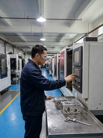 Machine operator setting up a program on a CNC machining center with two machined aluminum housings on the bench beside a digital caliper