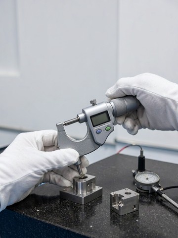 Gloved hands measuring a small machined aluminum part with a digital micrometer on a granite surface plate next to a dial indicator