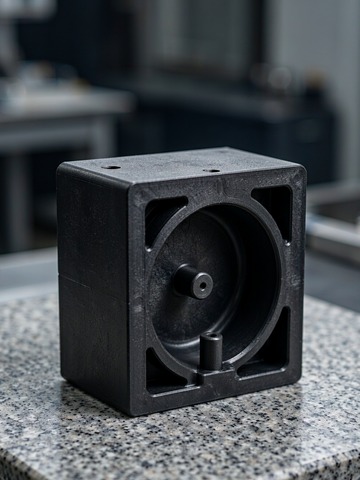 Machined black ESD plastic semiconductor fixture block with milled pockets and alignment pins on a granite surface plate