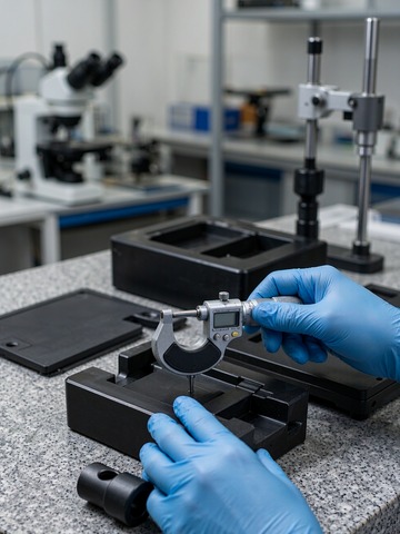 Gloved technician measuring a machined black ESD plastic fixture component with a digital micrometer on a granite inspection table