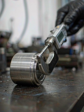 Micrometer measuring a machined sensor housing flange at a KGL inspection bench