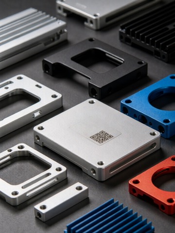 Anodized aluminum machined parts with laser marked identification text and a Data Matrix code