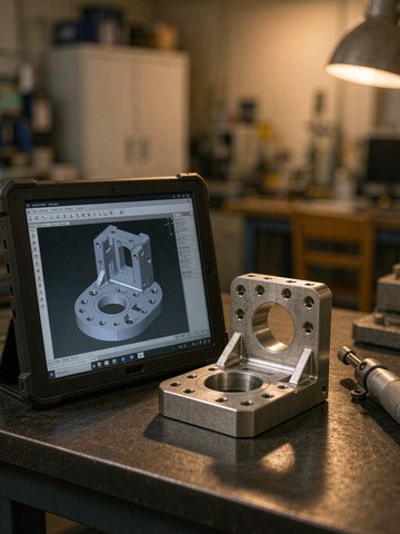 NDA protected 3D CAD model of a machined aluminum housing on a tablet next to the finished part