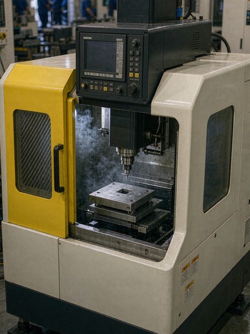 A compact CNC milling machine machining a single prototype bracket for small batch CNC work
