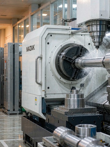 A Mazak INTEGREX i-H turn-mill center producing a run of shafts for CNC batch production