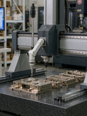 A bridge CMM batch-inspecting identical aluminum brackets for quality verification