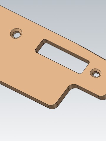 CAD view of a thin white support plate with a through hole, a long slot and a notched edge