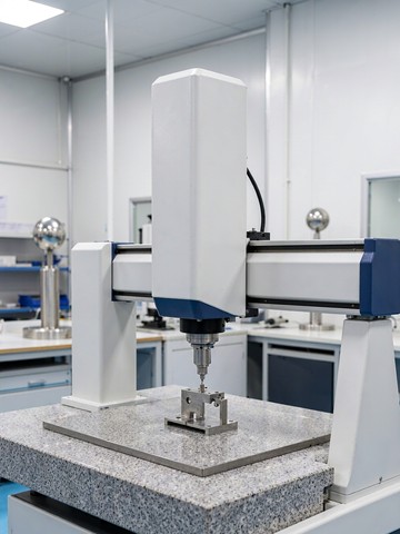 Bridge CMM inspecting a machined aluminum bracket on a granite table