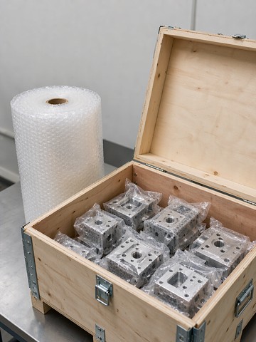 Machined aluminum parts wrapped in foam and packed in an export wooden crate