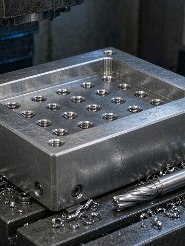 Solid billet machined aluminum enclosure with precise pockets and threads