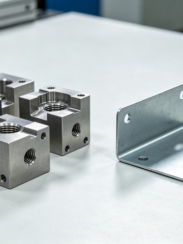 Machined aluminum blocks beside a folded sheet metal bracket