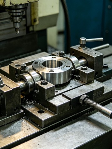 Workpiece clamped in a custom fixture on a CNC machine table