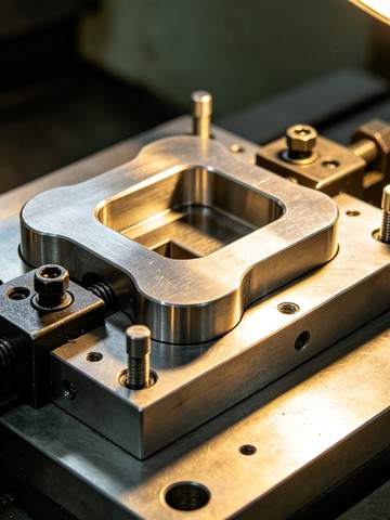 Close up of a dedicated CNC fixture with locating pins and clamps