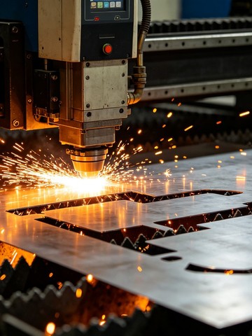 Fiber laser cutting head profiling a steel sheet with sparks