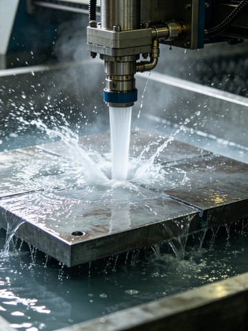 Abrasive waterjet jet cutting through thick plate without heat