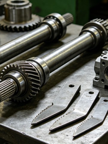 Machined shafts, gears and fittings for agricultural machinery laid out on a workbench