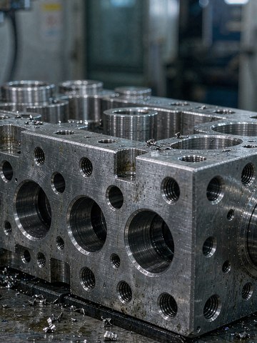 Freshly machined steel hydraulic valve body on a machine shop workbench