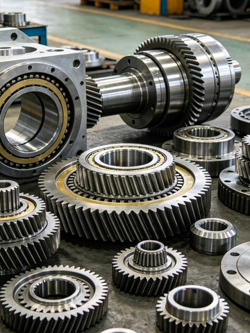 Large machined cast steel wind turbine bearing housing on a workshop table