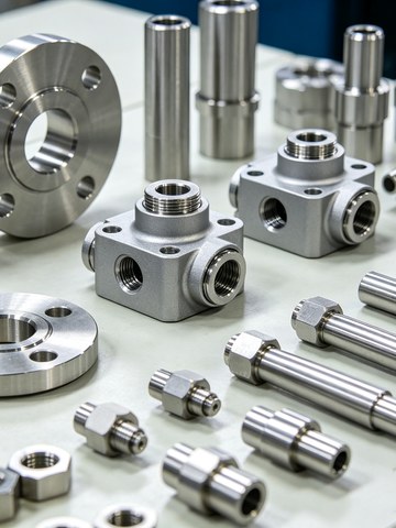 Satin finish machined stainless steel parts in rows on a clean workbench