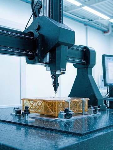 CMM verification of an amber PEI aerospace wastewater housing in a temperature-controlled room.