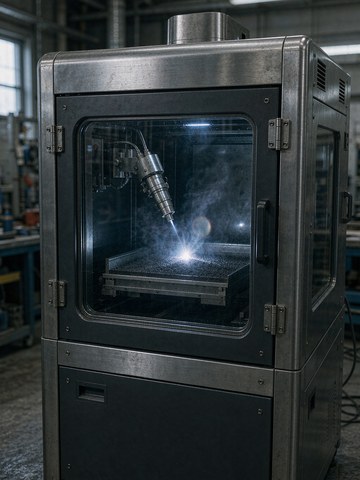 Metal powder bed fusion 3D printer building a metal part inside an enclosed industrial chamber