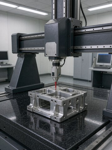 Bridge CMM with granite table verifying a machined metal part in the inspection room