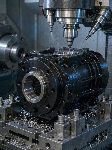 A robot joint housing with precision bearing bores machined on a five-axis center.