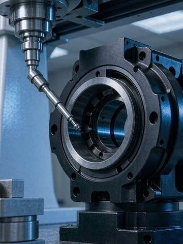 CMM probing a bearing bore on a robot joint housing to verify multi-axis coaxiality.